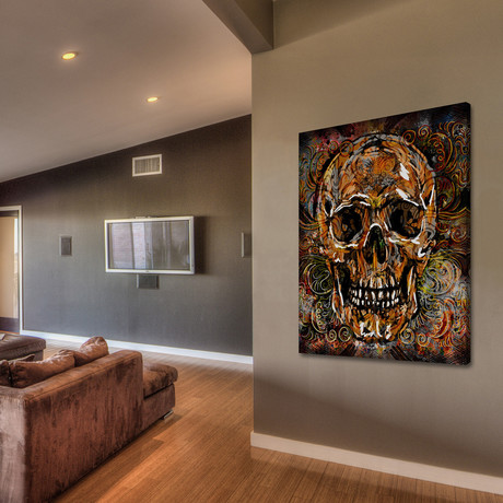 Orange Patterned Skull Painting Print // Wrapped Canvas (24"W x 31"H x 1.5"D)