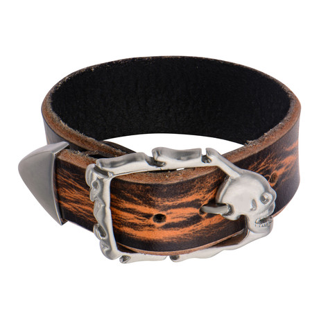 Distressed Leather Bracelet + Skull Clasp (Silver)