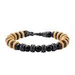 Onyx Beads + Taupe Wood Bracelet