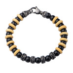 Onyx Beads + Taupe Wood Bracelet