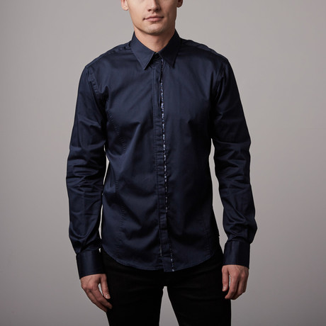 Solid Button-Up + Paisley Trim // Navy (S)