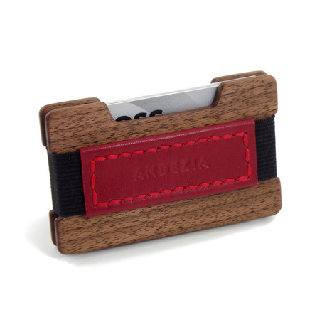 Minimalist Wallet + Leather Strap // Walnut (Red Strap)