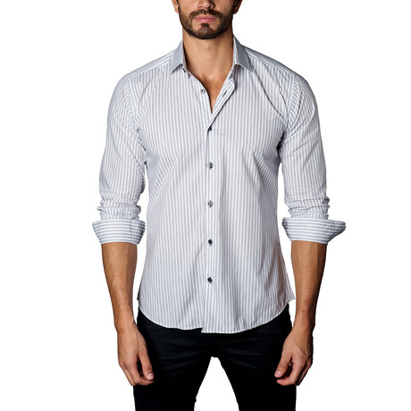 Button-Up Shirt // White + Grey Stripe (S)