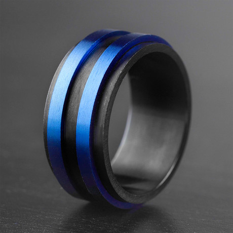 Brushed Finish Blue Striped Ring // Black IP (Size 8)