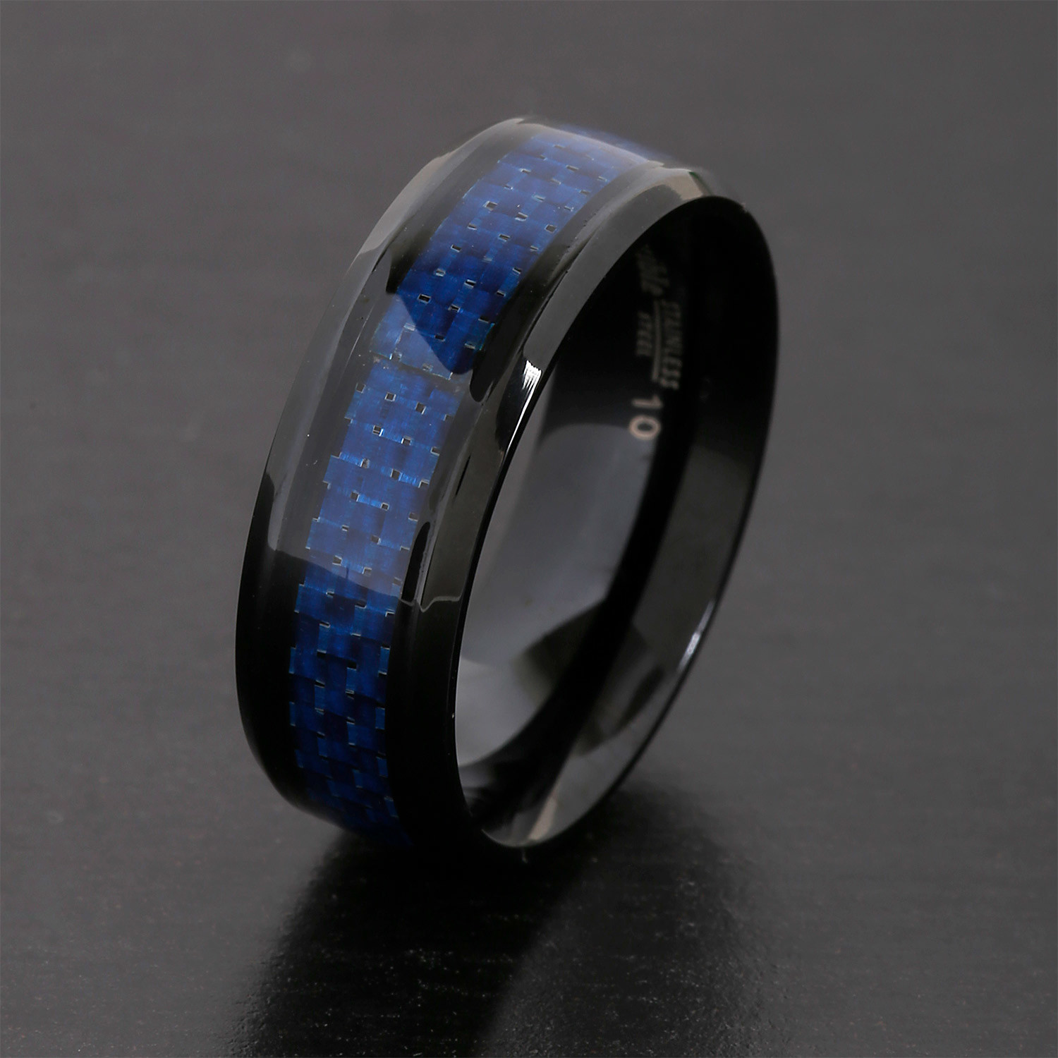 Stainless Steel High Polished Blue Carbon Fiber Ring (Size 7