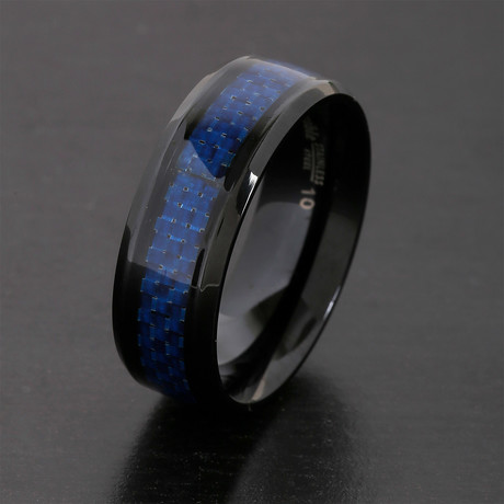 Stainless Steel High Polished Blue Carbon Fiber Ring (Size 7)