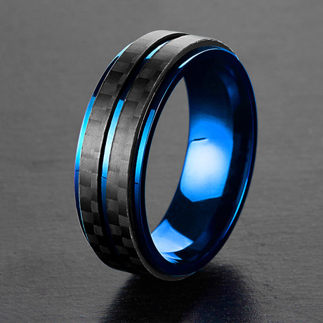 Double Carbon Fiber Stripe Ring // Blue IP (Size 8)