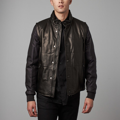 Leather Zip Sleeve Vest Jacket // Black + Gray (Euro: 46)