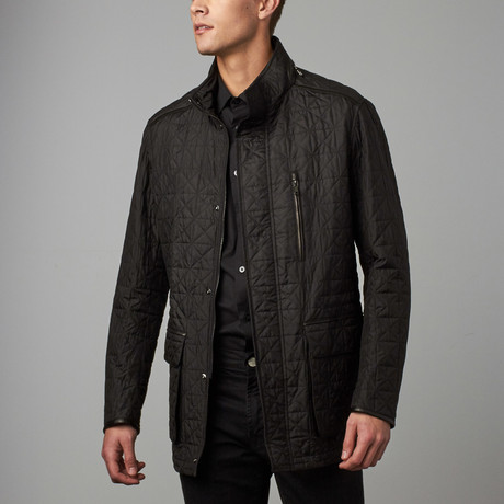 Quilted Pack-Away Hood Long Coat // Black + Gray (S)