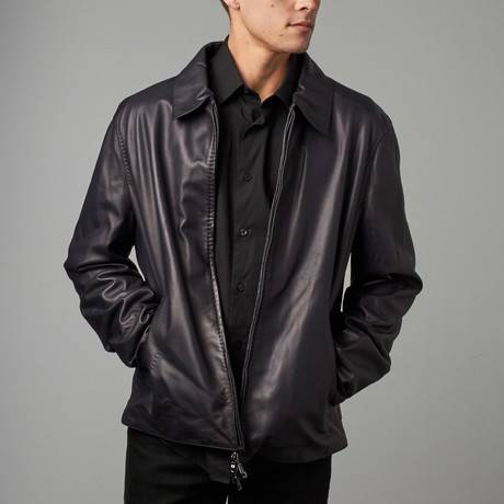 Reversible Collared Leather Jacket // Navy (Euro: 46)