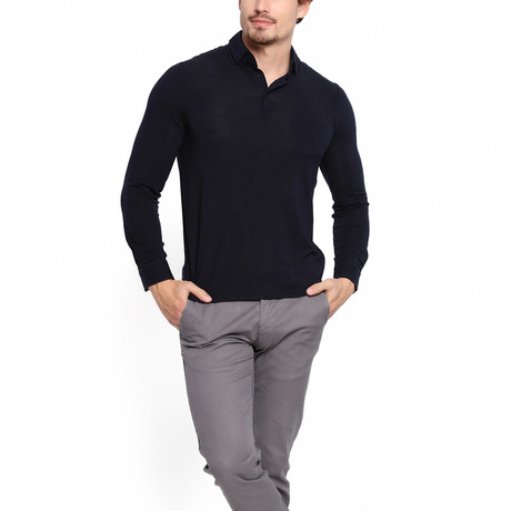 Silk & Cashmere // Versatile Long Sleeve Polo // Navy Blue (S)