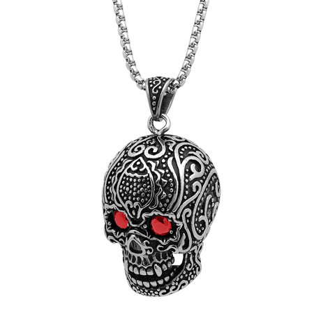 Pendant // Stainless Steel Skull With Red Simulated Diamonds