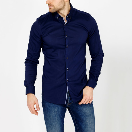 Solid Button-Down Shirt // Navy (L)