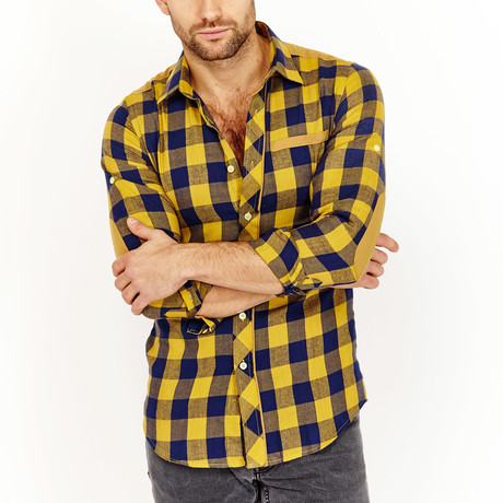 Milton Plaid Button-Up Shirt // Yellow + Navy (XL)