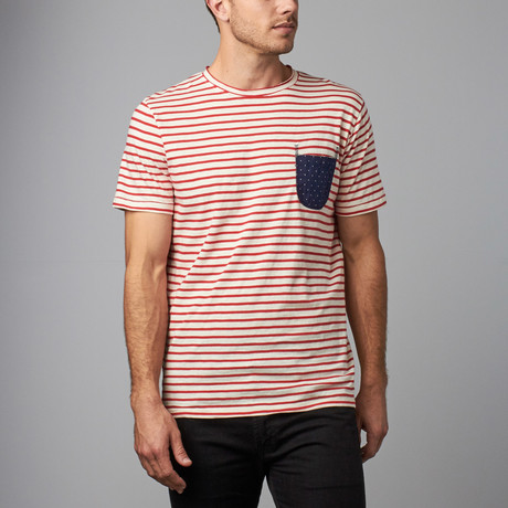 Short-Sleeve Stripe Pocket T-Shirt // Vintage White + Red (S)