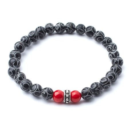 Hand Carved Black Jade + Red Coral Accent // 8mm Beads (Extra Small)