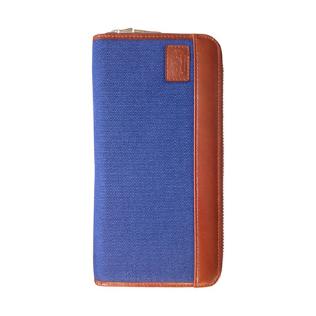 Canvas + Leather Zipper Travel RFID Wallet (Navy Blue)