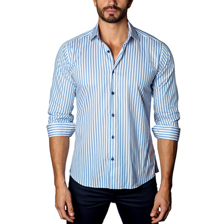 Textured Striped Casual Button-Up // White + Blue (S)