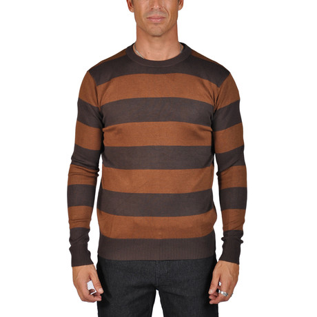 Crew Neck Stripe Sweater // Brown + Khaki (XS)