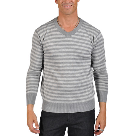 V-Neck Stripe Sweater // Grey + White (XL)