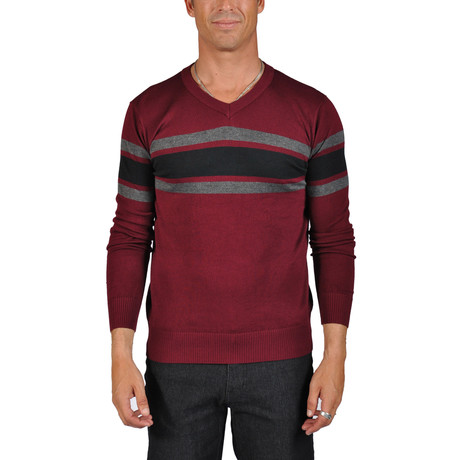 V- Neck Stripe Sweater // Red + Black + Grey (XL)