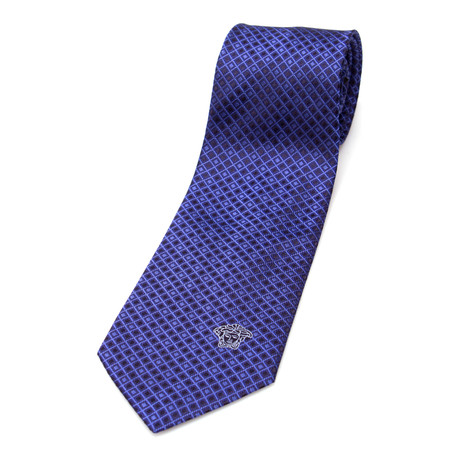 Satin Grid Pattern Silk Tie // Dark Blue