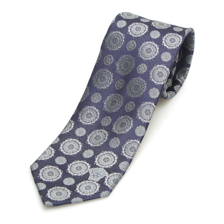 Floral Jacquard Medallion Pattern Silk Tie // Blue + Silver