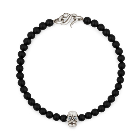 Diamond Eyes Skull Snake Clasp Bracelet // Sterling Silver + Onyx Beads (XSmall)