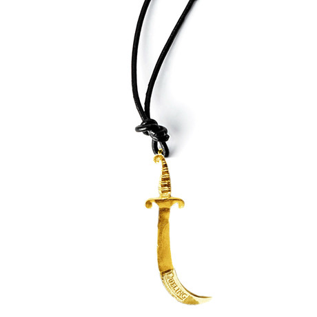 Gold Scimitar Pendant Leather Necklace (Black)