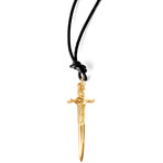 Gold Excalibur Sword Pendant Leather Necklace (Black)