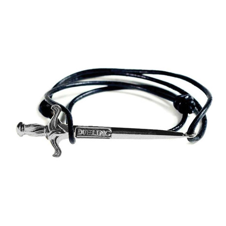 Sterling Silver Excalibur Sword Leather Bracelet (Black)