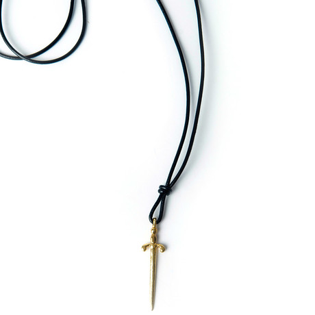 Gold Sword Pendant Leather Necklace (Black)