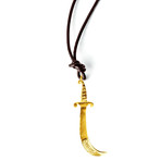 Gold Scimitar Pendant Leather Necklace (Black)