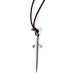 Sterling Silver Sword Pendant Leather Necklace (Black)