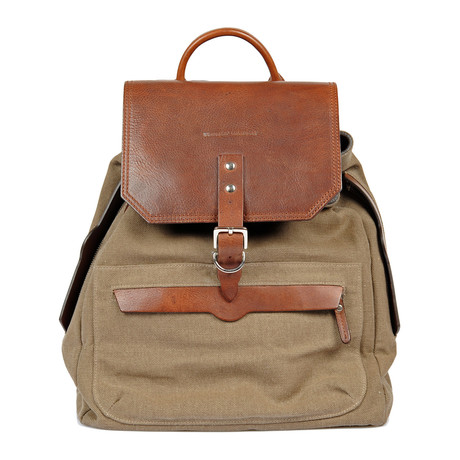 Leather Trimmed Linen Backpack // Beige + Cognac