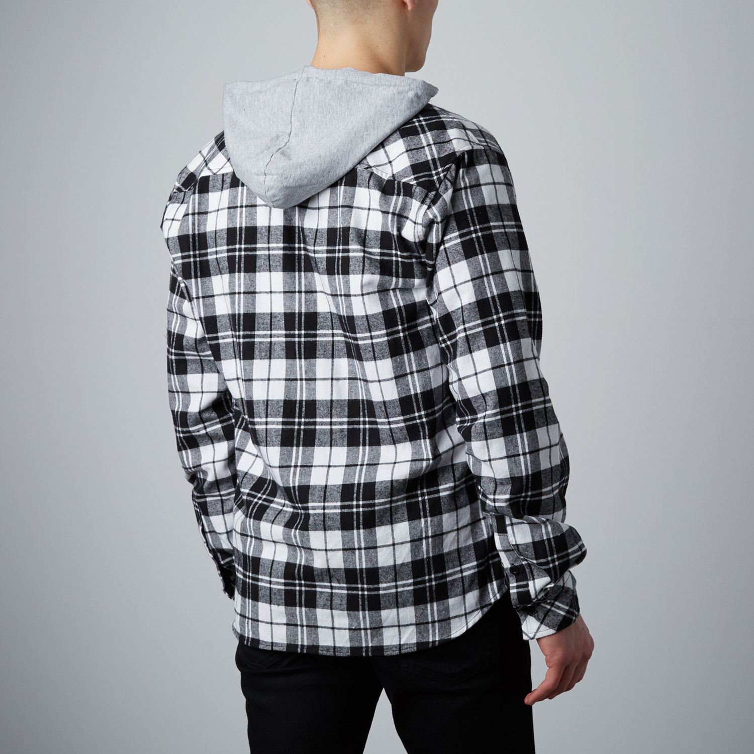  Hooded  Flannel Shirt  White Charcoal L Something 