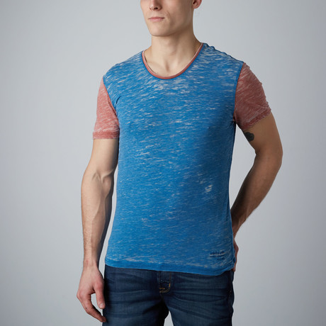 Contrast Sleeve V-Neck Burnt T-Shirt // Blue (S)
