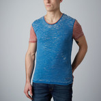 Contrast Sleeve V-Neck Burnt T-Shirt // Blue (M)