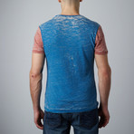 Contrast Sleeve V-Neck Burnt T-Shirt // Blue (S)