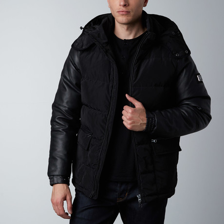 Lamarque // Chase Leather Sleeve Hooded Puffer Coat // Black (S)