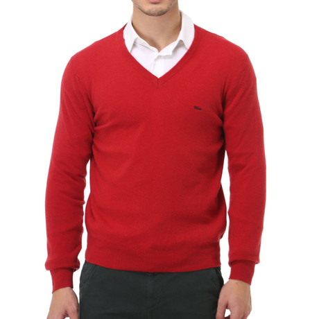 Embroidered V-Neck Sweater // Red (XS)
