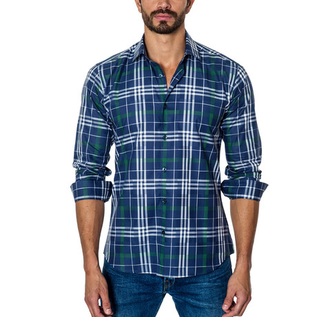 Plaid Long-Sleeve Button-Up // Blue + White + Green (S)