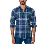 Plaid Long-Sleeve Button-Up // Blue + White + Green (L)