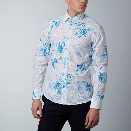 Etched Floral Dress Shirt // White + Turquoise (XS)