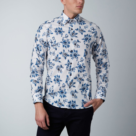 Abstract Rose Dress Shirt // White + Blue (XS)