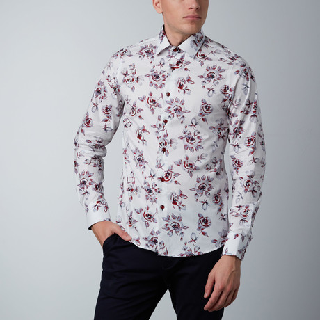 Abstract Rose Dress Shirt // White + Red (XS)