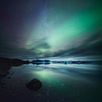 Aurora Borealis (Northern Lights) Over Glacial Lagoon, Iceland (18"W x 18"H x 0.75"D)