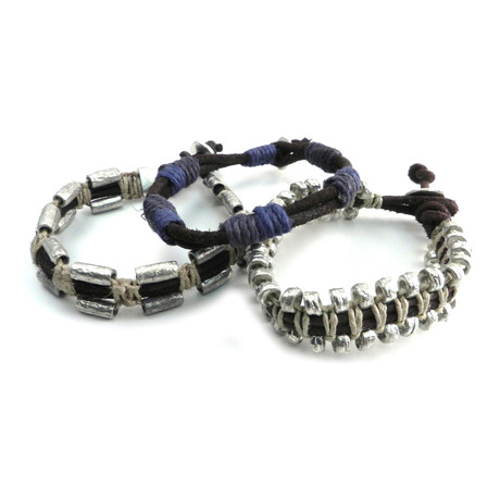 AMiGAZ // Leather + Bead Bracelets // Brown + Silver // Set of 3