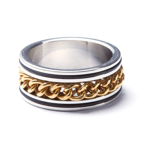 3-Tone + Gold Stainless Steel Cuban Link Ring (Size: 9)