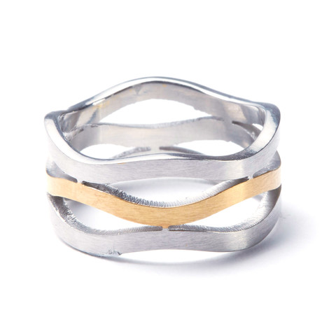2-Tone Gold Stainless Steel Zigzag Ring (Size: 9)